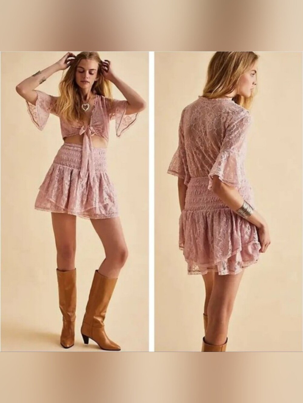 Free People Lala Lace Mini Dress Pink Sheer Lace Romance Bohemian XL NWT $128